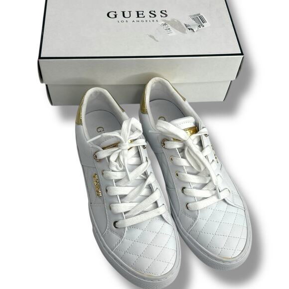 NEW Guess White Sneakers 7.5 Gold Embellished Loven Lace Up Sneakers Quilted - Picture 13 of 13